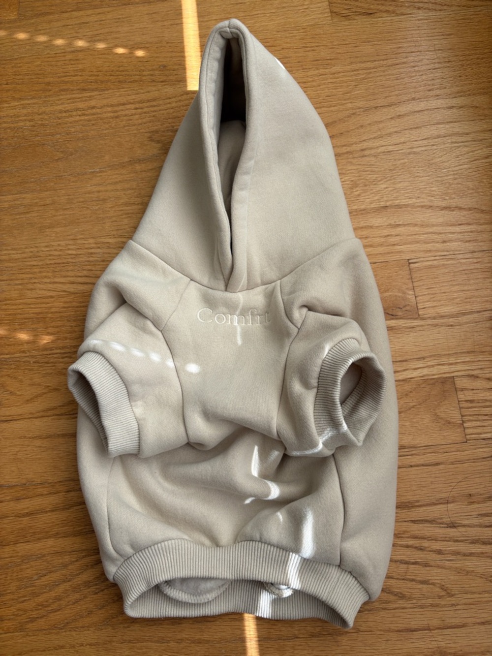 Cream Cozy Dog Hoodie with 'Comfrt' Embroidery